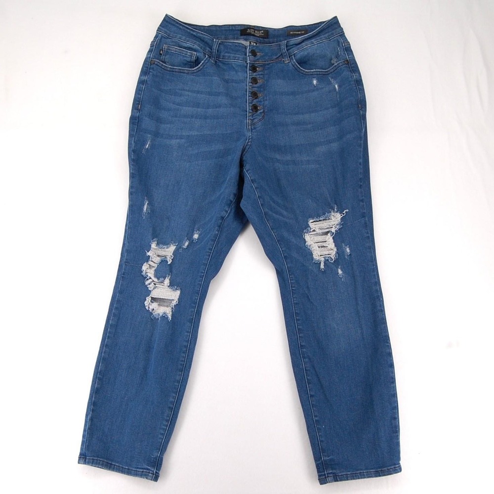 Judy Blue Jeans Womens 16W Blue Plus‎ Boyfriend Fit Distressed Button Fly Denim